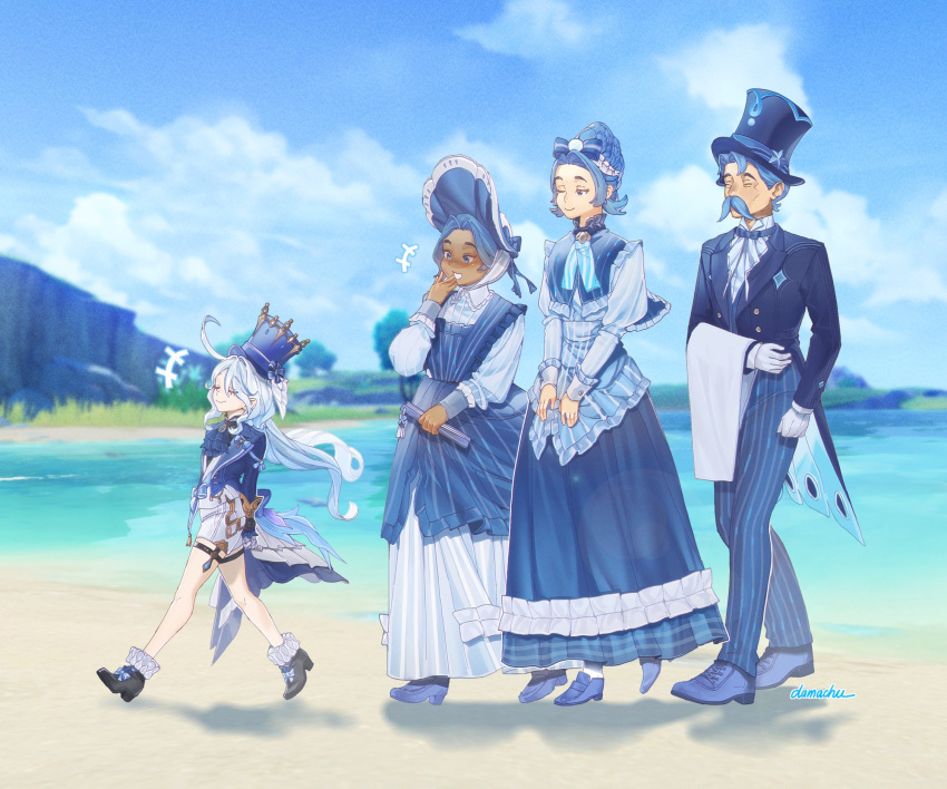 +++ 1boy 3girls ahoge arms_behind_back black_footwear blue_dress blue_footwear blue_hair blue_headwear blue_pants blue_sleeves character_request closed_eyes closed_mouth damachu00 dark-skinned_female dark_skin dress english_commentary facial_hair furina_(genshin_impact) game_screenshot_background genshin_impact gloves hat highres long_hair long_sleeves looking_at_another multiple_girls mustache outdoors pants short_hair shorts sky top_hat white_gloves white_shorts