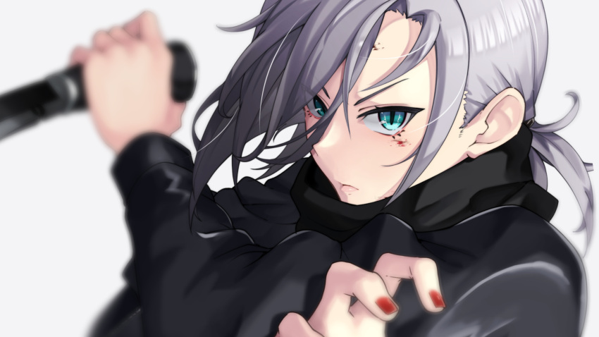 1girl black_scarf blood blood_on_face blue_eyes blurry commission depth_of_field girls_frontline grey_hair highres holding holding_weapon knife kukri looking_at_viewer mg5_(call_of_the_hunter)_(girls'_frontline) mg5_(girls'_frontline) nakiusagi ponytail red_nails scarf skeb_commission solo weapon white_background