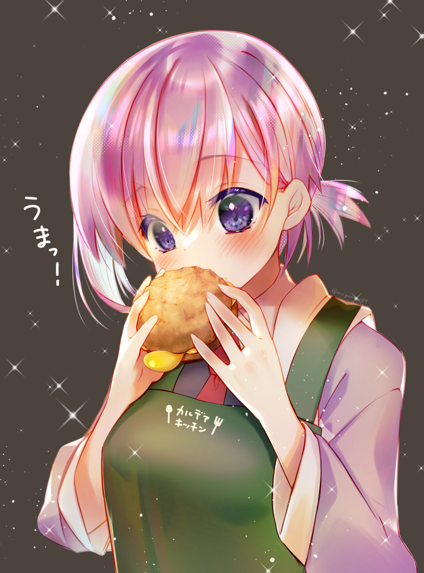 1girl absurdres alternate_hairstyle apron black_dress blush cream_puff dress eating fate/grand_order fate_(series) food green_apron highres holding holding_food izumi_mogu long_sleeves looking_at_object mash_kyrielight necktie purple_hair red_necktie shirt short_hair solo upper_body violet_eyes white_shirt