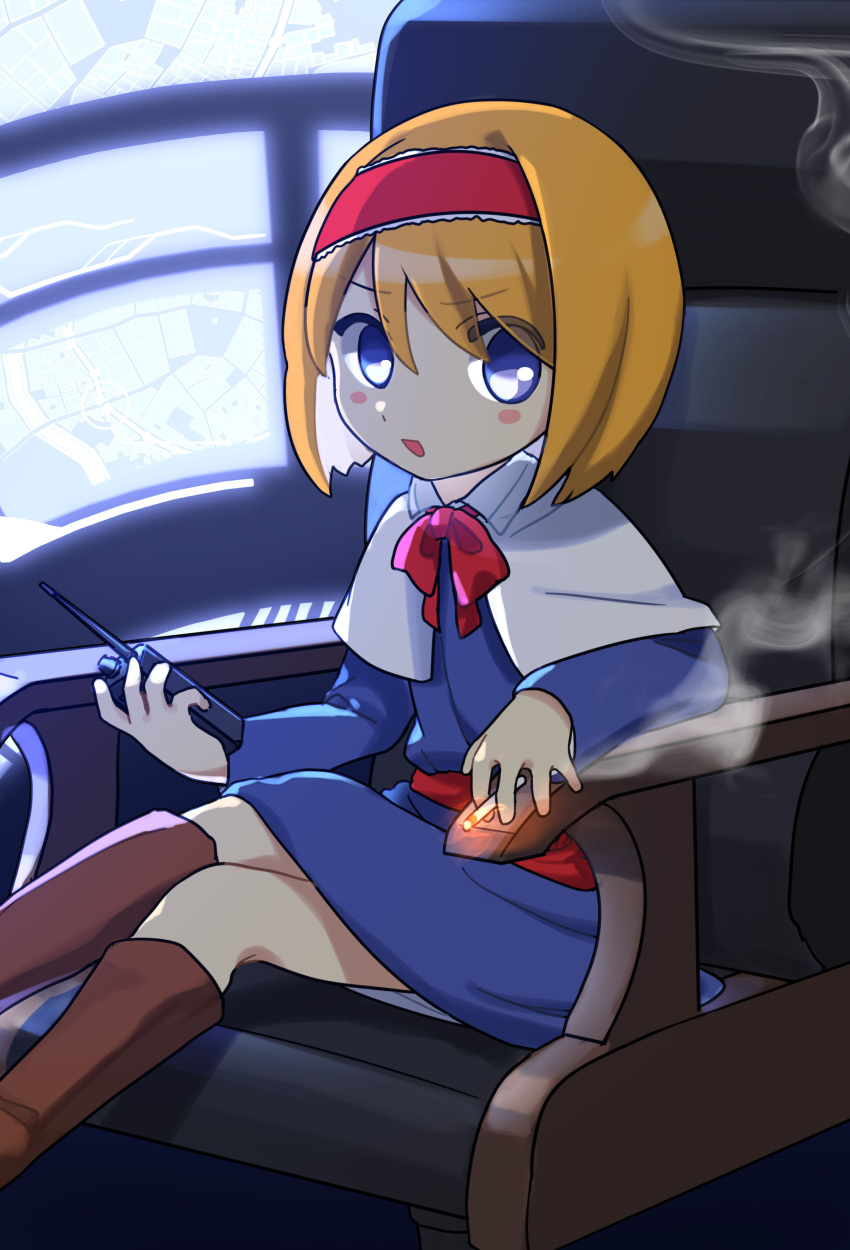 1girl absurdres alice_margatroid blonde_hair blue_dress blue_eyes blush_stickers boots bow bowtie brown_footwear capelet chair cigarette collared_capelet commentary_request cookie_(touhou) dress feet_out_of_frame flat_chest frilled_hairband frills hair_between_eyes hairband highres holding holding_cigarette holding_walkie-talkie kakusou looking_at_viewer medium_bangs monitor office_chair open_mouth red_bow red_bowtie red_hairband red_sash sash security_camera short_hair sitting smoke solo swivel_chair taisa_(cookie) touhou walkie-talkie white_capelet