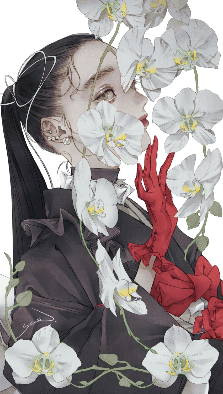 1girl black_hair bow closed_mouth earrings expressionless flower from_side gloves grey_hair hair_slicked_back highres jewelry leaf long_hair long_sleeves looking_at_viewer original ponytail red_bow red_gloves red_lips signature simple_background solo upper_body white_background white_flower yue_(memento1113)