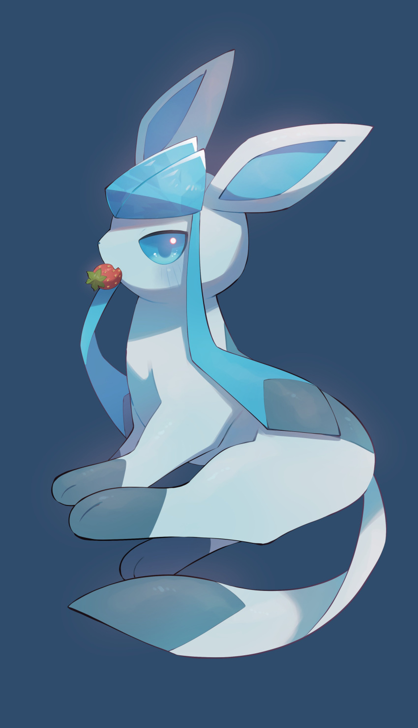 absurdres blue_background food food_in_mouth fruit full_body glaceon highres looking_at_viewer no_humans nullma pokemon pokemon_(creature) simple_background sitting solo strawberry tail