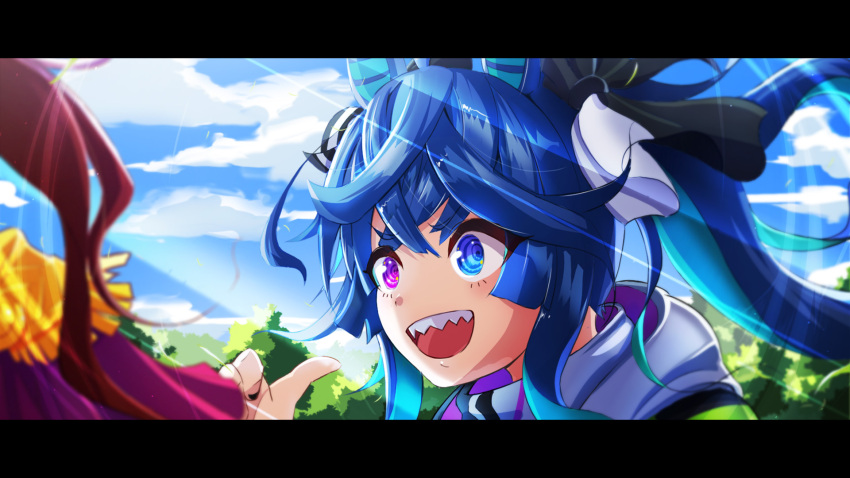 2girls :d @_@ animal_ears aqua_hair black_nails blue_eyes blue_hair blue_sky bow cape clouds commentary_request crossed_bangs day epaulettes floating_hair foliage hair_bow hand_up heterochromia highres hood hoodie horse_ears horse_girl letterboxed light_rays long_hair looking_at_another multicolored_clothes multicolored_hair multicolored_hoodie multiple_girls nail_polish nodane open_mouth out_of_frame outdoors pointing pointing_at_self portrait red_cape sharp_teeth sidelocks sky smile solo_focus striped striped_bow sunbeam sunlight teeth tokai_teio_(umamusume) twin_turbo_(umamusume) twintails two-tone_hair umamusume upper_teeth_only violet_eyes