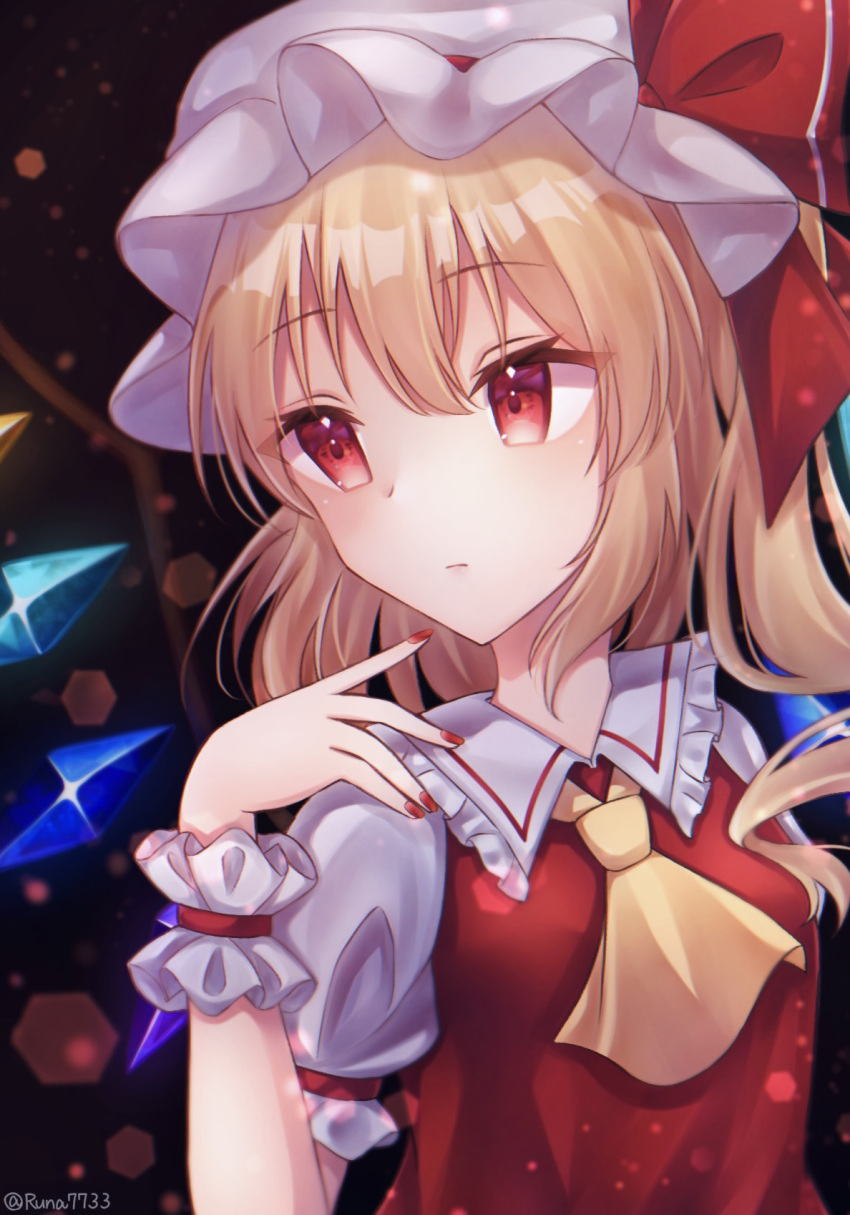 1girl blonde_hair bow closed_mouth collared_shirt commentary crystal crystal_wings dress flandre_scarlet frilled_dress frills hat highres mob_cap red_bow red_nails red_vest redhead runa_(runa7733) shirt touhou vest white_shirt wings