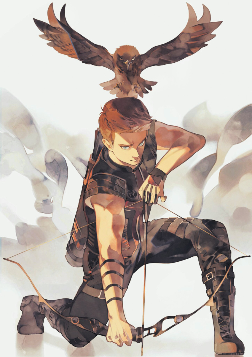 1boy arrow_(projectile) avengers_(series) bird black_feathers black_footwear black_pants black_shirt blue_eyes boots bow_(weapon) brown_hair clint_barton closed_mouth commentary_request feathered_wings feathers flying hand_up hawk hawkeye_(marvel) highres holding holding_bow_(weapon) holding_weapon looking_at_viewer male_focus marvel pants roku0180 shirt short_hair short_sleeves simple_background v-shaped_eyebrows weapon white_background wings