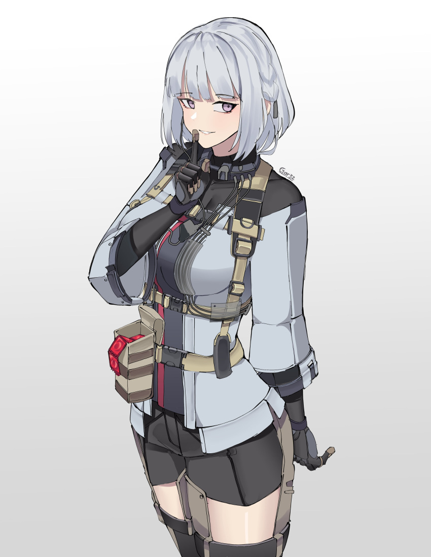 1girl absurdres ak-12_(girls'_frontline) artist_name black_gloves black_shorts condom condom_packet_strip condom_wrapper cyborg finger_to_mouth gar32 girls_frontline gloves grey_jacket highres jacket mechanical_parts shorts solo thighs violet_eyes white_background white_hair wire