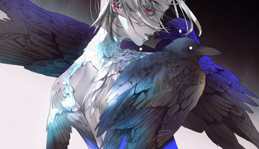 1boy bird black_background crow ear_piercing earrings expressionless feathers floating_hair from_behind gradient_background grey_background grey_hair jewelry looking_at_viewer male_focus original parted_lips piercing pink_eyes short_hair solo upper_body yue_(memento1113)