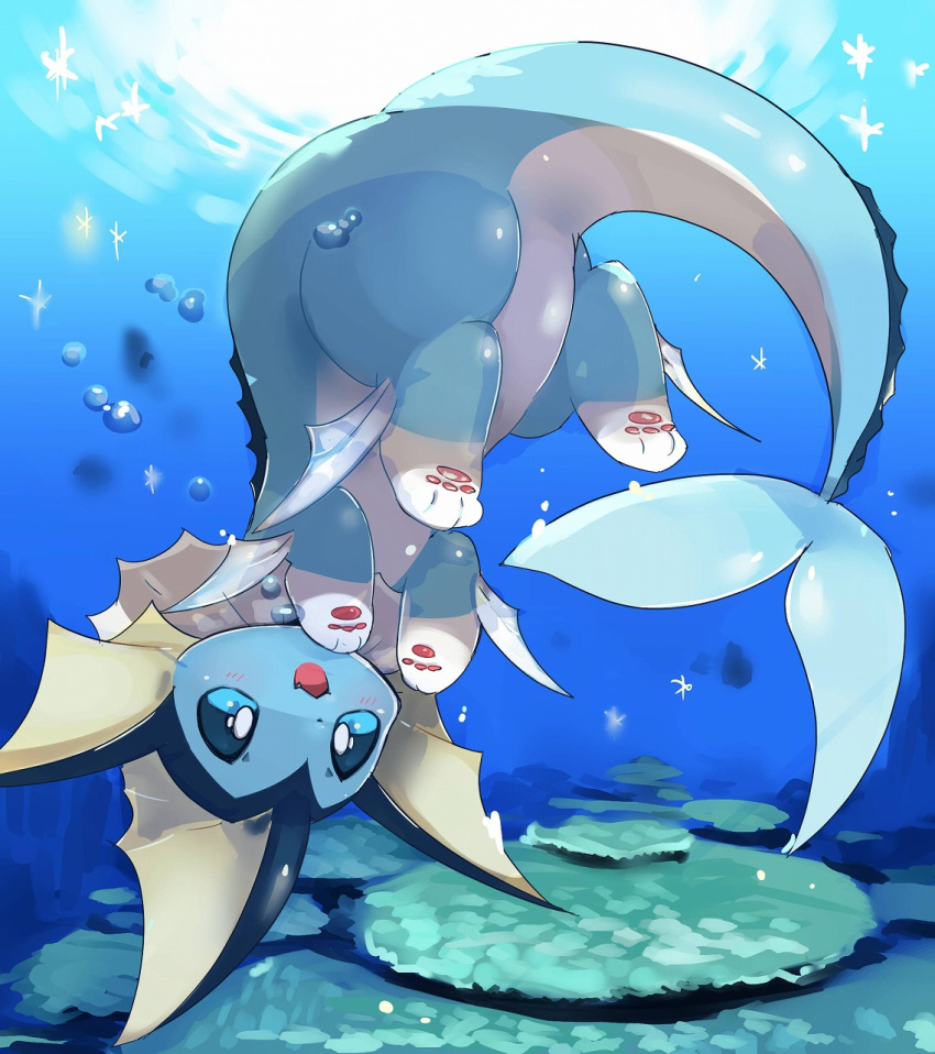 air_bubble bubble choko_(sweetpocket) fins head_fins highres looking_at_viewer no_humans open_mouth pokemon pokemon_(creature) solo tail underwater upside-down vaporeon