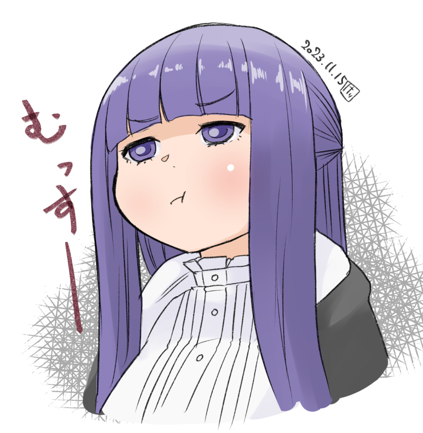 1girl :t blunt_bangs blush buttons closed_mouth commentary_request cropped_torso dated fern_(sousou_no_frieren) frilled_shirt_collar frills frown hatching_(texture) hime_cut kei_jiei long_hair looking_afar medium_bangs portrait pout purple_hair shirt sidelocks solo sousou_no_frieren violet_eyes white_background white_shirt