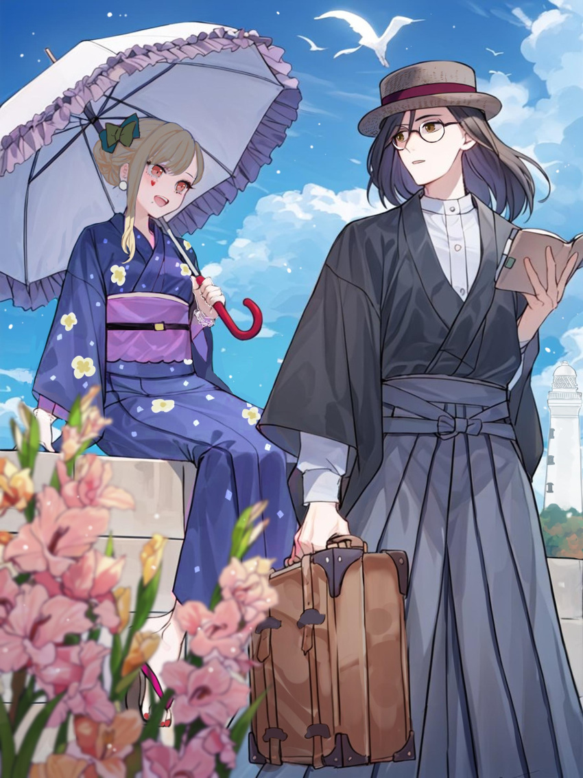 1boy 1girl :d absurdres alternate_costume bird black_hair black_kimono blonde_hair blue_kimono blurry book bow brown_eyes clouds day depth_of_field dress_shirt earrings expressionless eye_contact facial_mark feet_out_of_frame floral_print flower frilled_umbrella frills full_body gladiolus glasses gloves grey_hakama hair_bow hair_bun hair_down hakama hat heart heart_facial_mark highres holding holding_book holding_suitcase holding_umbrella japanese_clothes jewelry kimono lace-trimmed_gloves lace_trim lighthouse long_sleeves looking_at_another looking_back luis_cammy medium_hair nail_polish nijisanji obi on_railing open_book otowe parted_bangs parted_lips pink_eyes pink_flower railing red_nails sash see-through_gloves shellin_burgundy shirt single_hair_bun single_sidelock sitting smile standing straw_hat suitcase toenail_polish toenails umbrella virtual_youtuber white_gloves white_shirt zouri