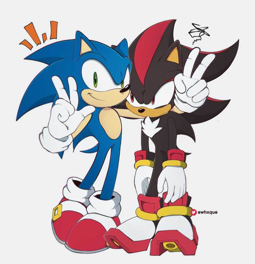 2boys awhxque full_body gloves green_eyes hedgehog highres looking_at_viewer male_focus multiple_boys quill red_eyes shadow_the_hedgehog simple_background smile sonic_(series) sonic_the_hedgehog tail v white_gloves