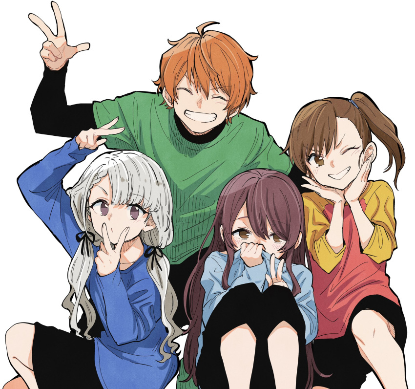1boy 3girls ahoge alternate_costume aoi_yusuke arm_up asymmetrical_bangs asymmetrical_hair black_pants black_shorts blue_shirt braid brown_eyes brown_hair clenched_teeth closed_eyes covering_mouth feet_out_of_frame fingernails futami_mami green_shirt grey_hair hair_between_eyes hand_up hands_on_own_cheeks hands_on_own_face hands_up high_side_ponytail highres hisakawa_nagi idolmaster idolmaster_(classic) idolmaster_cinderella_girls idolmaster_shiny_colors idolmaster_side-m in-franchise_crossover kneeling knees_to_chest kyouno light_blush long_hair long_sleeves looking_at_viewer low_twintails miroir_(idolmaster) multicolored_clothes multiple_girls one_eye_closed open_mouth orange_hair osaki_tenka pants shirt short_hair shorts shy siblings side_ponytail sidelocks simple_background sitting smile squatting straight-on straight_hair teeth trait_connection twins twintails v w_(idolmaster) white_background