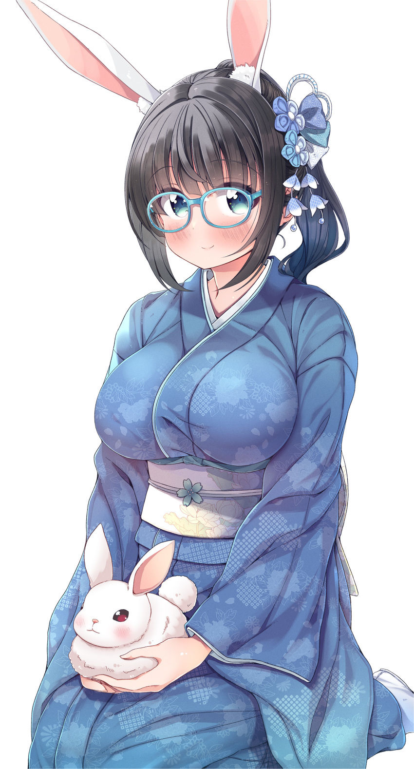 1girl absurdres animal_ears black_hair blue-framed_eyewear blue_kimono blush breasts chinese_zodiac closed_mouth glasses highres japanese_clothes kimono large_breasts long_sleeves looking_at_viewer original rabbit rabbit_ears rabbit_girl seiza short_hair side_ponytail simple_background sitting smile solo takahero white_background year_of_the_rabbit