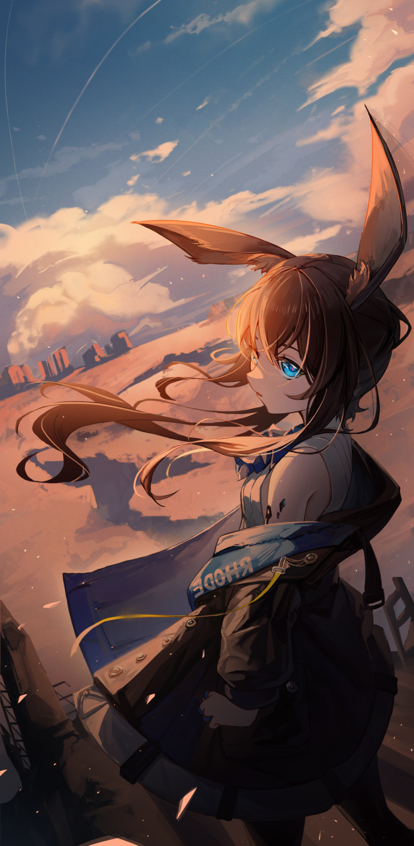 1girl absurdres amiya_(arknights) animal_ears arknights ascot bare_shoulders black_jacket black_pantyhose blue_ascot blue_sky clothes_writing clouds cloudy_sky cowboy_shot dusk evening from_behind hair_between_eyes highres hood hood_down hooded_jacket jacket jiaowohuangdaoa long_hair long_sleeves looking_at_viewer looking_back off_shoulder open_clothes open_jacket oripathy_lesion_(arknights) pantyhose rabbit_ears rabbit_girl ribbed_shirt shirt sky sleeveless sleeveless_shirt solo sunset white_shirt wind