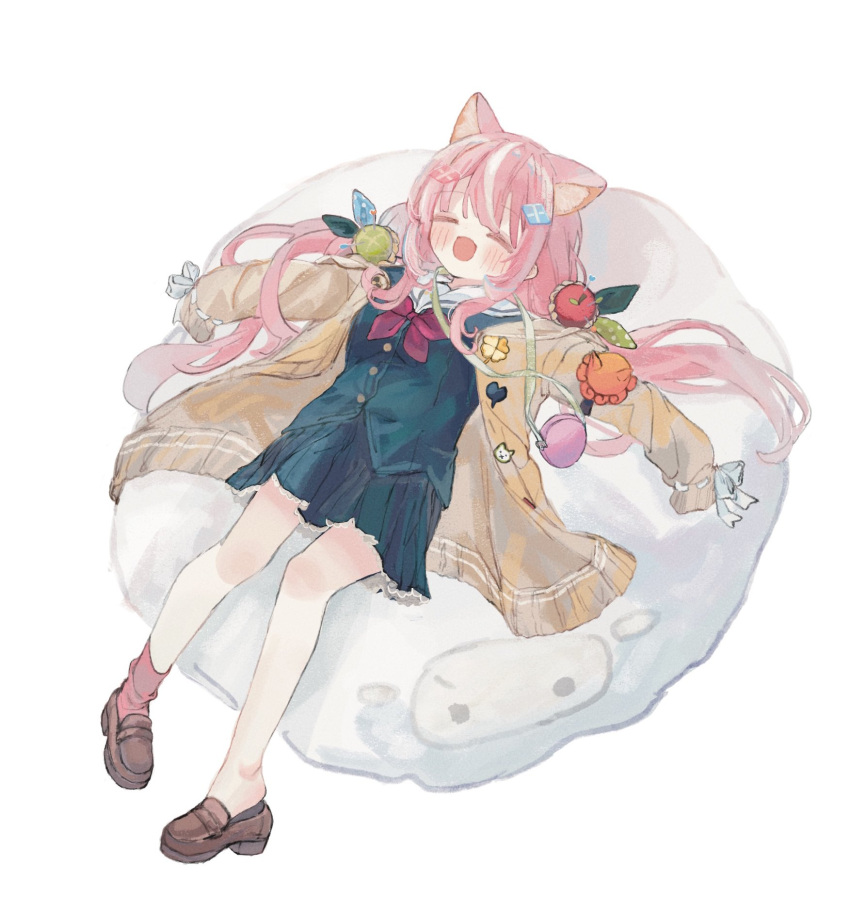 1girl :d animal_ears apple_hair_ornament blue_serafuku blue_skirt blush bow brown_footwear cardigan cat_ears chimoshi_(hitsuji_tonakai) closed_eyes commentary_request cushion facing_viewer food-themed_hair_ornament from_above full_body hair_ornament highres loafers long_hair long_sleeves low_twintails lying multicolored_hair nijisanji nijisanji_kr on_back open_mouth outstretched_arms pink_hair pink_socks pleated_skirt red_bow sailor_collar school_uniform serafuku shoe_dangle shoes single_sock skirt sleeves_past_fingers sleeves_past_wrists smile socks solo spread_arms streaked_hair twintails very_long_hair virtual_youtuber white_background white_hair white_sailor_collar yang_nari yang_nari_(1st_costume) yellow_cardigan