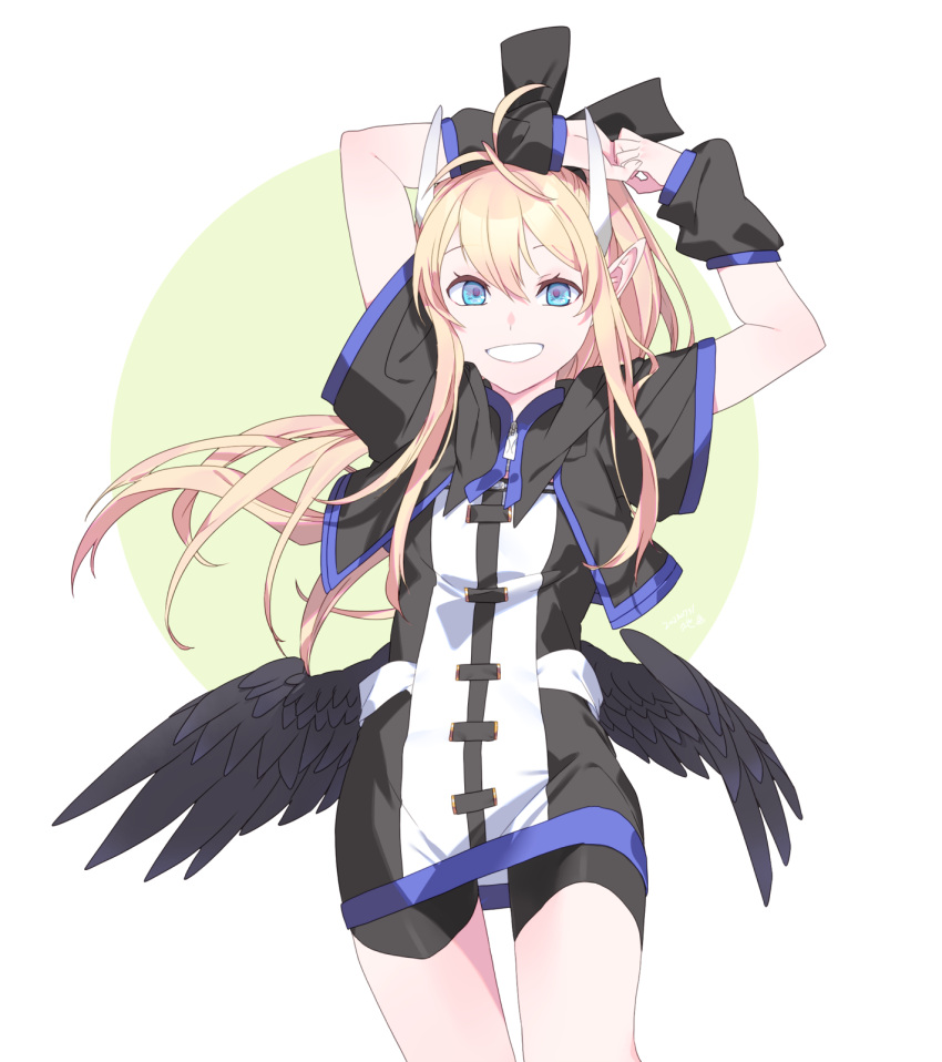 1girl arm_warmers arms_behind_head arms_up black_wings blonde_hair blue_eyes character_request circle detached_sleeves elf green_circle highres kuze_(ira) long_hair looking_at_viewer original pointy_ears shorts smile solo teeth very_long_hair white_background wings