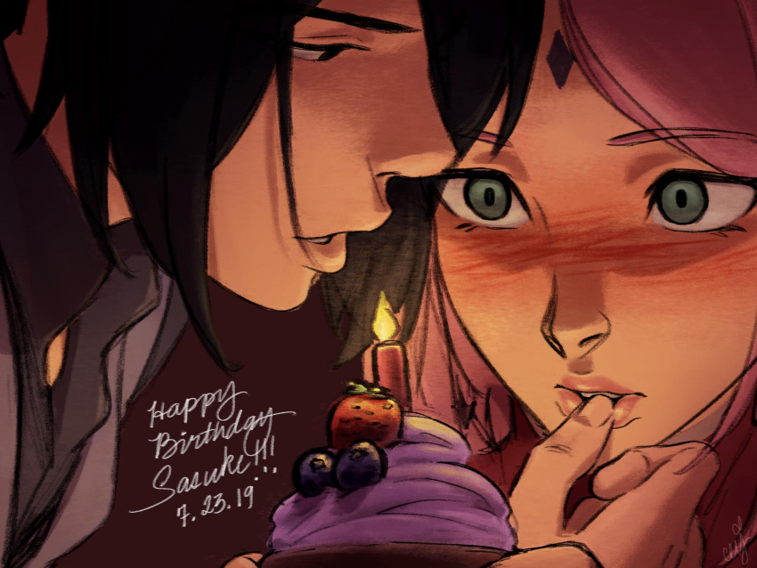 1boy 1girl birthday black_eyes black_hair blueberry boruto:_naruto_next_generations candle ceejles commentary cupcake dated facial_mark finger_to_another's_mouth food forehead_mark fruit green_eyes grey_vest happy_birthday haruno_sakura hetero highres husband_and_wife naruto_(series) pink_hair pink_lips strawberry symbol-only_commentary uchiha_sasuke vest