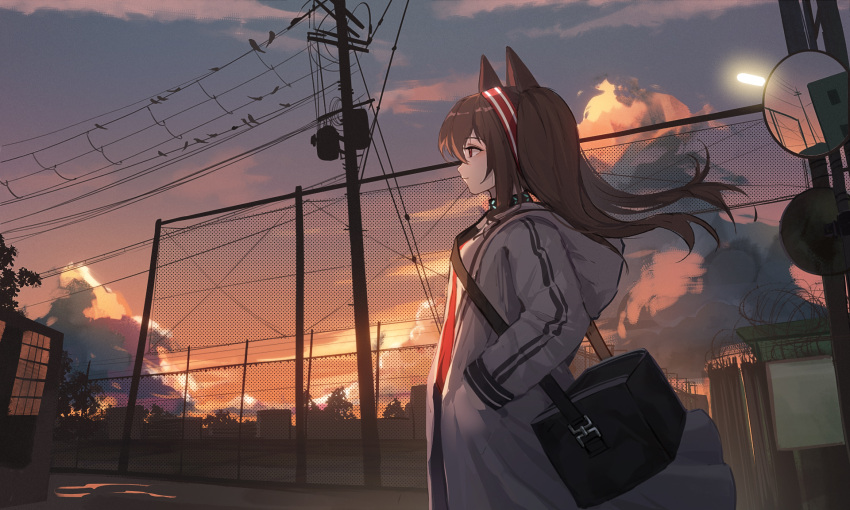 1girl angelina_(arknights) arknights bag barbed_wire black_bag clouds coat duffel_bag evening fence from_side hairband hands_in_pockets highres hood hood_down hooded_coat long_sleeves looking_ahead orange_sky outdoors power_lines profile red_eyes red_hairband scenery shoulder_bag siyu_csy sky solo sunset tree twintails utility_pole white_coat