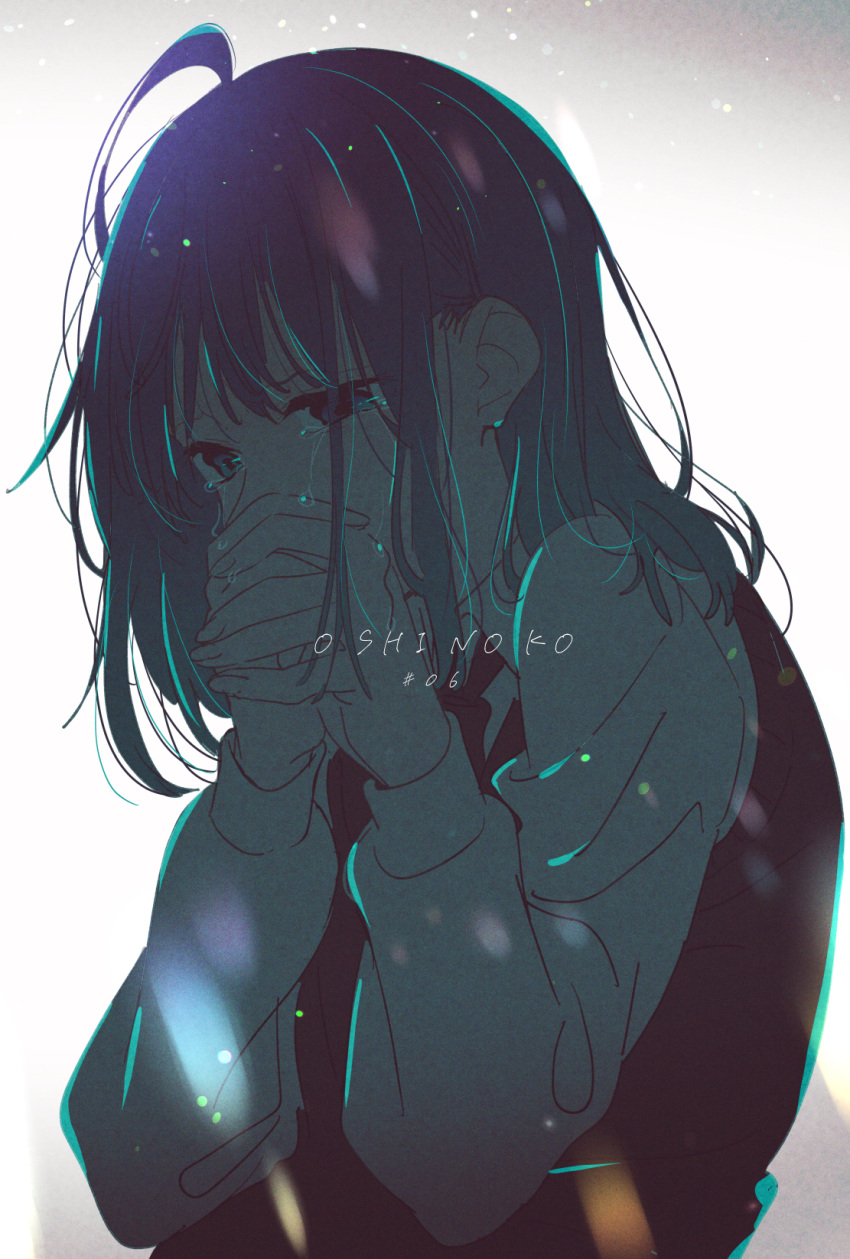 1girl ahoge black_vest blue_eyes blue_hair collared_shirt commentary copyright_name covering_mouth crying crying_with_eyes_open gradient_background grey_background highres hirayama_kanna kurokawa_akane light_particles long_sleeves medium_hair oshi_no_ko own_hands_clasped own_hands_together shirt sidelocks solo tears vest white_background white_shirt