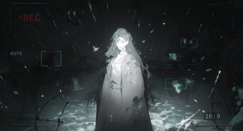 1girl absurdres battery_indicator belt braces bukui_shi_wo chinese_commentary coat commentary_request dress fairy ghost grey_coat grey_dress highres limited_palette long_hair long_sleeves looking_at_viewer night outdoors rain recording reverse:1999 solo viewfinder water