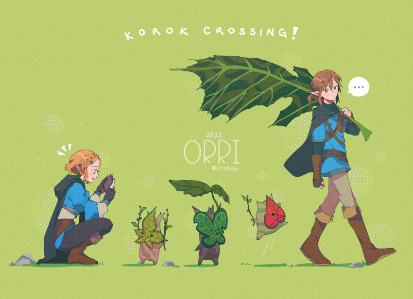 ... 1boy 1girl artist_name blonde_hair blue_eyes blue_tunic boots braid branch brown_footwear champion's_tunic_(zelda) crown_braid dated full_body green_background highres holding holding_leaf knee_boots korok leaf link orri_(iirokagi) pointy_ears princess_zelda purah_pad short_hair simple_background spoken_ellipsis the_legend_of_zelda the_legend_of_zelda:_tears_of_the_kingdom tunic twitter_username