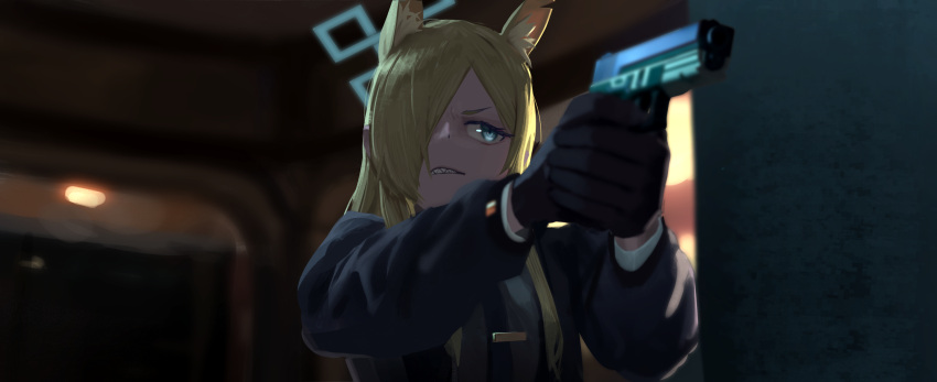 1girl absurdres animal_ear_fluff animal_ears black_gloves blonde_hair blue_archive blue_eyes blurry blurry_background gloves gun hair_over_one_eye halo handgun highres holding holding_gun holding_weapon jacket kanna_(blue_archive) long_hair long_sleeves losk necktie notched_ear open_clothes open_jacket sharp_teeth shirt solo teeth upper_body weapon