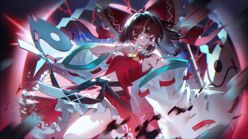 1girl absurdres adapted_costume ascot bare_shoulders bow brown_hair detached_sleeves feet_out_of_frame frilled_skirt frills hair_between_eyes hair_bow hair_tubes hakurei_reimu highres japanese_clothes long_hair looking_at_viewer navel nontraditional_miko parted_lips red_bow red_eyes red_skirt sidelocks skirt solo touhou u_u_zan white_sleeves wide_sleeves yellow_ascot