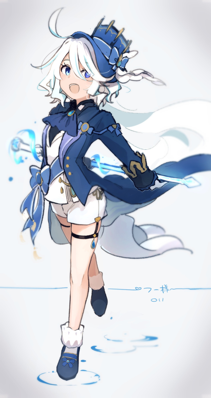 1girl :d absurdres ahoge ascot blue_bow blue_eyes blue_footwear blue_hair blue_jacket bow full_body furina_(genshin_impact) genshin_impact gloves hair_between_eyes hat heterochromia highres holding holding_sword holding_weapon jacket light_blue_hair long_sleeves looking_at_viewer ma_rukan multicolored_hair open_mouth ripples shirt shoes short_hair shorts simple_background smile solo streaked_hair sword teeth thigh_strap two-tone_hair upper_teeth_only walking weapon white_background white_shirt white_shorts