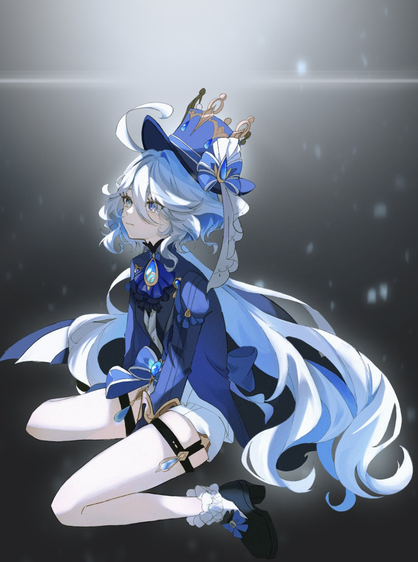 1girl ahoge ascot black_footwear blue_ascot blue_brooch blue_eyes blue_hair blue_headwear blue_jacket closed_mouth crying crying_with_eyes_open furina_(genshin_impact) genshin_impact gloves gradient_background hair_between_eyes hat heterochromia highres huan_accb jacket light_blue_hair long_hair looking_up multicolored_hair sad sidelocks simple_background sitting socks solo streaked_hair tears top_hat two-tone_hair white_socks