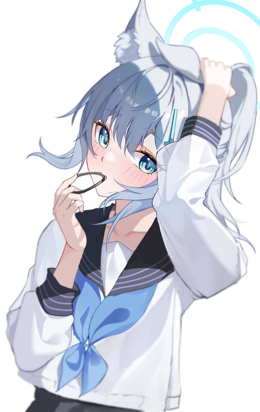 1girl absurdres animal_ears black_sailor_collar blue_archive blue_eyes blue_halo blue_neckerchief blush breasts cross_hair_ornament ederh grey_hair hair_ornament halo highres long_sleeves looking_at_viewer medium_breasts neckerchief open_mouth sailor_collar shiroko_(blue_archive) simple_background solo upper_body white_background wolf_ears