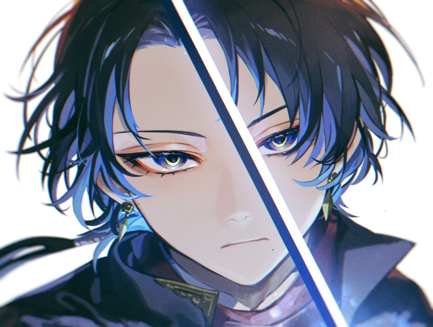 1boy black_hair blue_hair closed_mouth crescent earrings eyelashes floating_hair frown glowing glowing_sword glowing_weapon highres jewelry kashuu_kiyomitsu katana long_hair looking_at_viewer male_focus mole mole_under_mouth parted_bangs portrait simple_background solo sword symbol-shaped_pupils touken_ranbu unsheathed weapon white_background yamada_chickenko