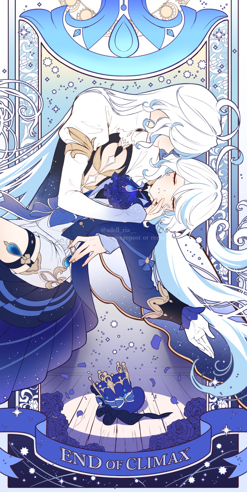 2girls absurdres ahoge artist_name ascot blue_ascot blue_brooch blue_flower blue_hair blue_headwear blue_jacket brill_p closed_eyes closed_mouth fingernails flower focalors_(genshin_impact) furina_(genshin_impact) genshin_impact hair_between_eyes hat highres jacket light_blue_hair long_hair multicolored_hair multiple_girls parted_lips shorts sidelocks smile spoilers spotlight streaked_hair top_hat two-tone_hair white_shorts wooden_floor