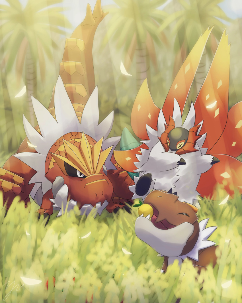 ^_^ absurdres animal_focus black_sclera blurry blurry_foreground closed_eyes colored_sclera colored_skin cross-shaped_pupils fangs forest grass highres nature no_humans pokemon pokemon_(creature) red_skin slither_wing sunlight symbol-shaped_pupils tail tree tyrantrum tyrunt white_eyes white_fur yellow_sclera yu_(pocketsun636)