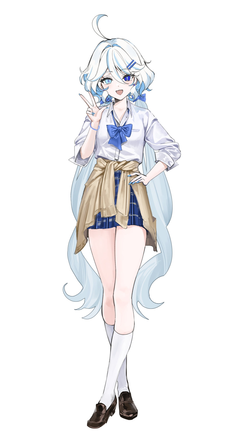 1girl :d absurdres ahoge black_footwear blue_bow blue_bowtie blue_eyes blue_nails blue_skirt bow bowtie clothes_around_waist crossed_legs full_body furina_(genshin_impact) genshin_impact hair_bow hair_ornament hairclip hand_on_own_hip hand_up highres jacket jacket_around_waist kneehighs loafers long_hair looking_at_viewer low_twintails miniskirt nail_polish open_mouth rity shirt shoes skirt smile socks solo standing thighs twintails very_long_hair w watson_cross white_hair white_shirt white_socks