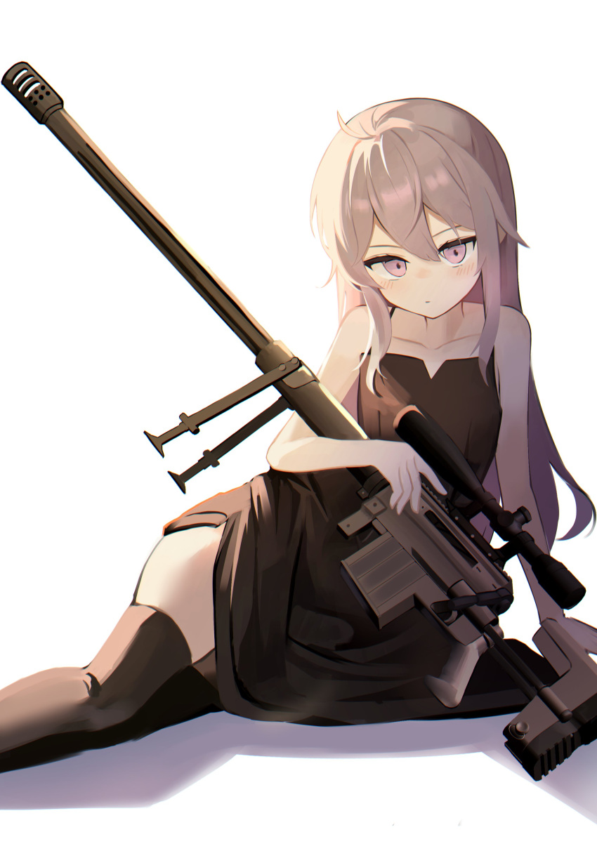 1girl absurdres arm_support black_dress black_thighhighs blush bolt_action cheytac_m200 collarbone dress girls_frontline grey_hair gun hair_between_eyes highres holding holding_weapon long_hair looking_at_viewer m200_(girls'_frontline) m200_(war_correspondent)_(girls'_frontline) rifle sitting sniper_rifle t_back17005 thigh-highs violet_eyes weapon white_background
