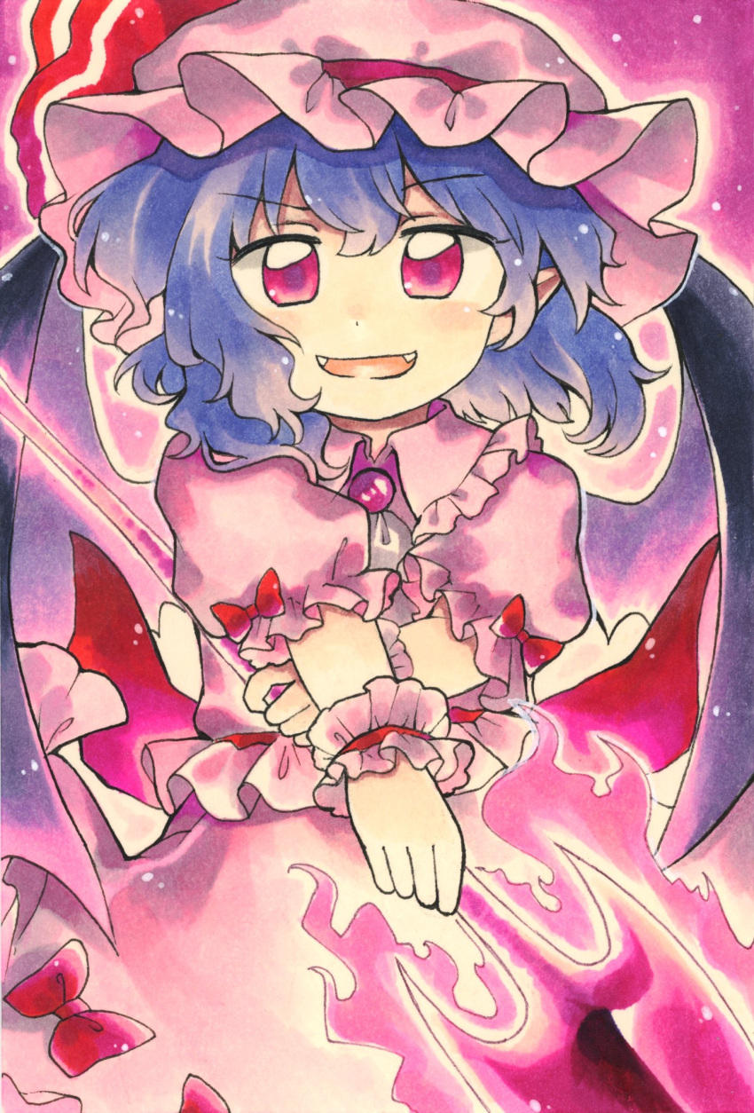 1girl bat_wings blue_hair bow brooch collared_shirt frilled_shirt frills hat hat_ribbon highres holding holding_polearm holding_weapon jewelry maa_(forsythia1729) medium_hair mob_cap open_mouth pink_headwear pink_shirt pink_skirt polearm puffy_short_sleeves puffy_sleeves red_bow red_eyes remilia_scarlet ribbon shirt short_sleeves skirt skirt_set solo spear_the_gungnir touhou weapon wings wrist_cuffs