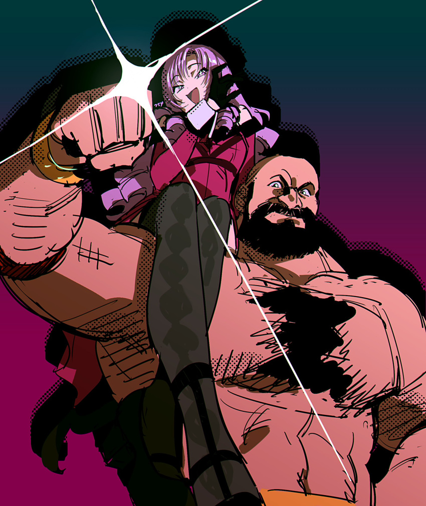 1boy 1girl carrying carrying_over_shoulder carrying_person chest_hair chest_tuft dress drill_hair flexing glint gloves gradient_background highres hyakumantenbara_salome large_pectorals long_hair looking_at_viewer mohawk muscular muscular_male nijisanji ojou-sama_pose pectorals popogano purple_hair raised_fist size_difference smile smug street_fighter strongman_waist thick_beard topless_male unfinished upper_body violet_eyes virtual_youtuber wrestler zangief