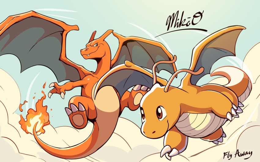 absurdres animal_focus artist_name brown_eyes charizard claws clouds colored_skin dragon dragon_wings dragonite english_commentary english_text fire flying highres horns no_humans nostrils orange_skin pokemon pokemon_(creature) puppercase smile tail wings