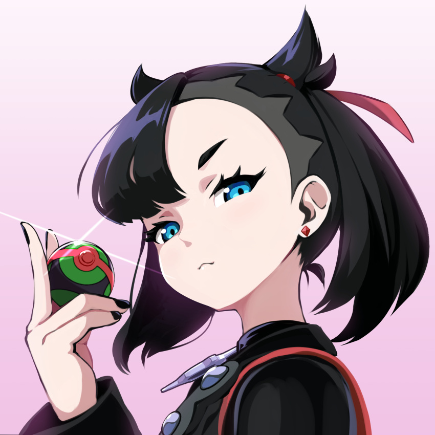 1girl black_hair black_jacket black_nails blue_eyes closed_mouth dusk_ball earrings eyelashes from_side glint gradient_background hair_ribbon hand_up highres holding holding_poke_ball jacket jewelry looking_to_the_side marnie_(pokemon) miu_(angelo_whitechoc) nail_polish poke_ball pokemon pokemon_swsh red_ribbon ribbon solo strap upper_body