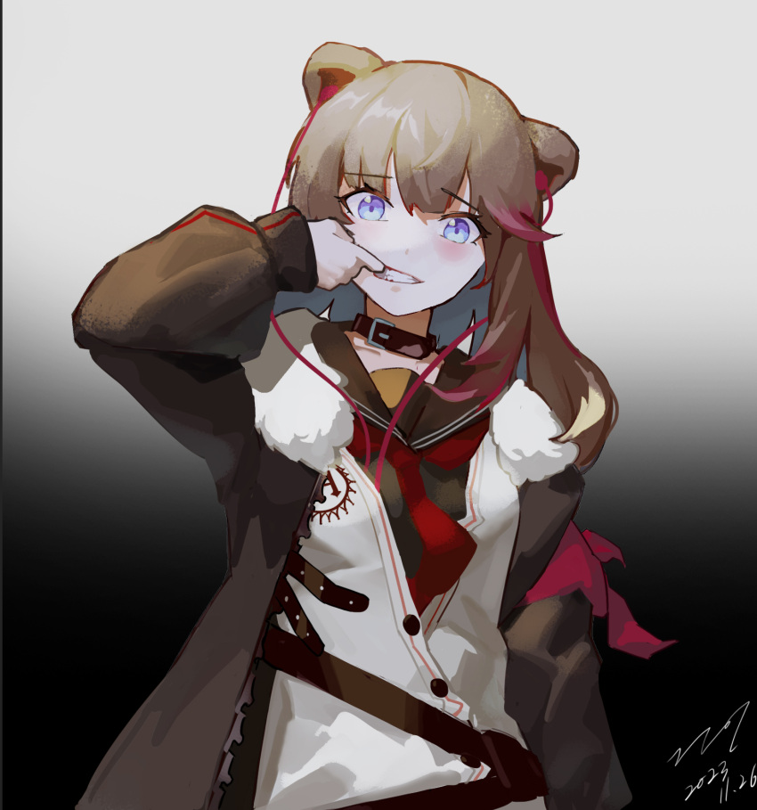 1girl animal_ears arknights bear_ears blue_eyes blush brown_collar brown_hair brown_jacket brown_shirt collar dated earphones earphones fur-trimmed_jacket fur_trim gradient_background grey_background headphones_for_animal_ears highres jacket lip_pull long_hair long_sleeves looking_at_viewer multicolored_hair neckerchief open_clothes open_jacket red_neckerchief redhead school_uniform shirt signature simple_background solo streaked_hair sweater_vest teeth white_sweater_vest zima_(arknights) zzq