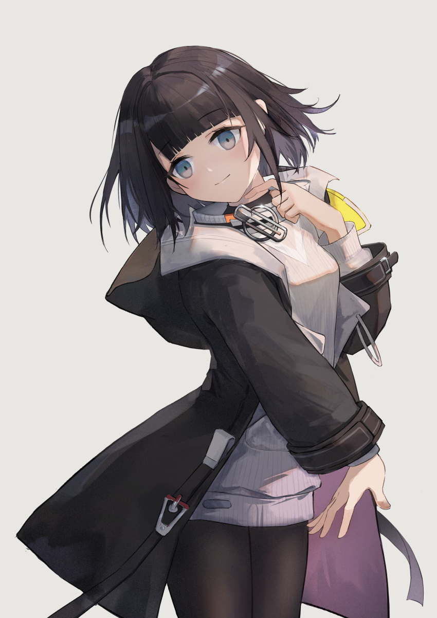 1girl absurdres arknights black_hair black_jacket black_pantyhose blue_eyes blush breasts cowboy_shot female_endministrator_(arknights) grey_background hand_up highres hood hood_down hooded_jacket jacket layered_sleeves long_sleeves looking_at_viewer open_clothes open_jacket pantyhose short_hair simple_background siyu_csy small_breasts smile solo sweater white_sweater