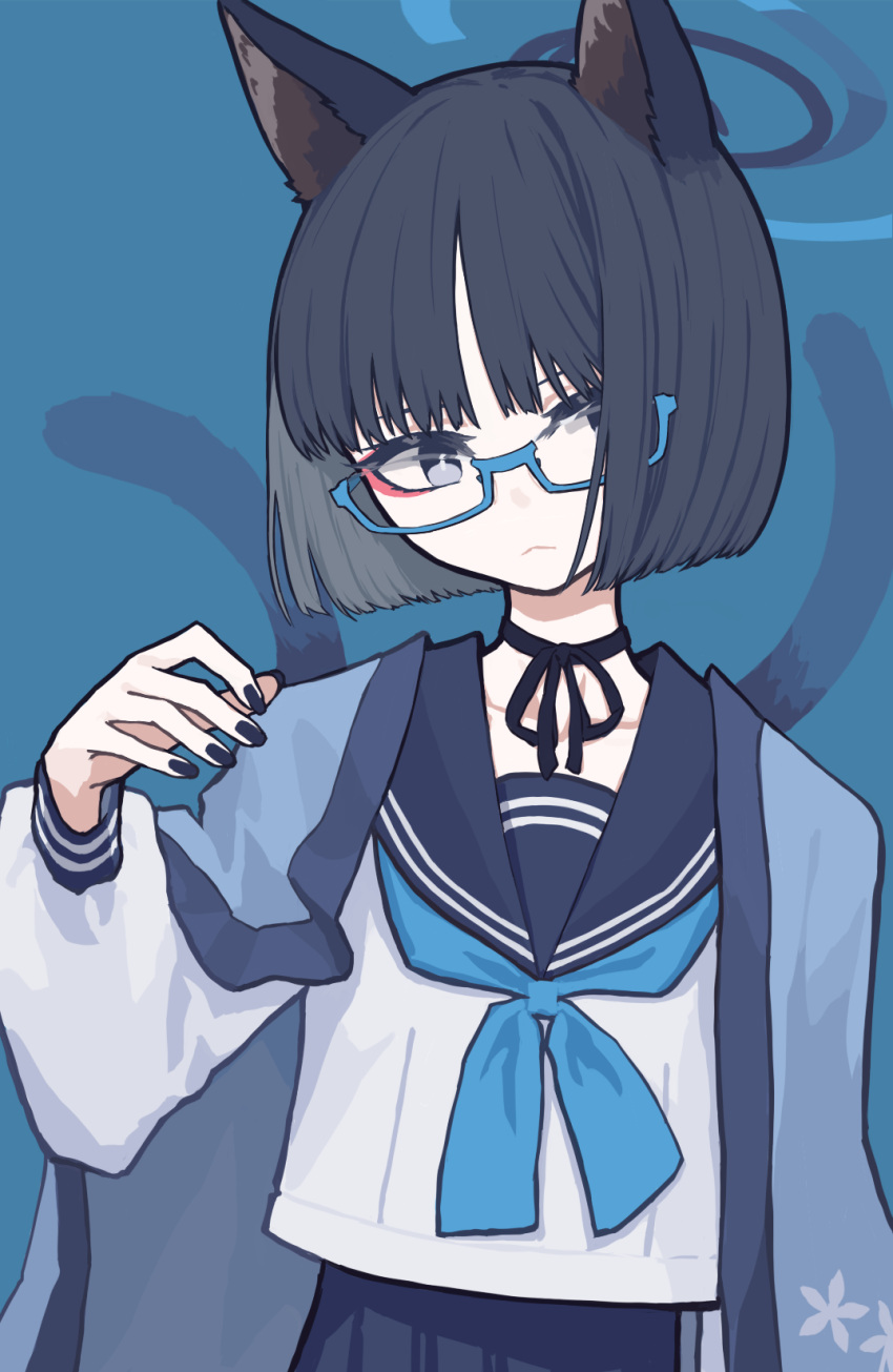 1girl animal_ears black_eyes black_hair black_nails black_sailor_collar black_skirt blue-framed_eyewear blue_archive blue_background blue_neckerchief cat_ears cat_tail closed_mouth glasses hair_over_one_eye haori highres japanese_clothes kikyou_(blue_archive) long_sleeves multiple_tails nail_polish neckerchief papaia_(quentingqoo) pleated_skirt sailor_collar short_hair simple_background skirt solo tail two_tails