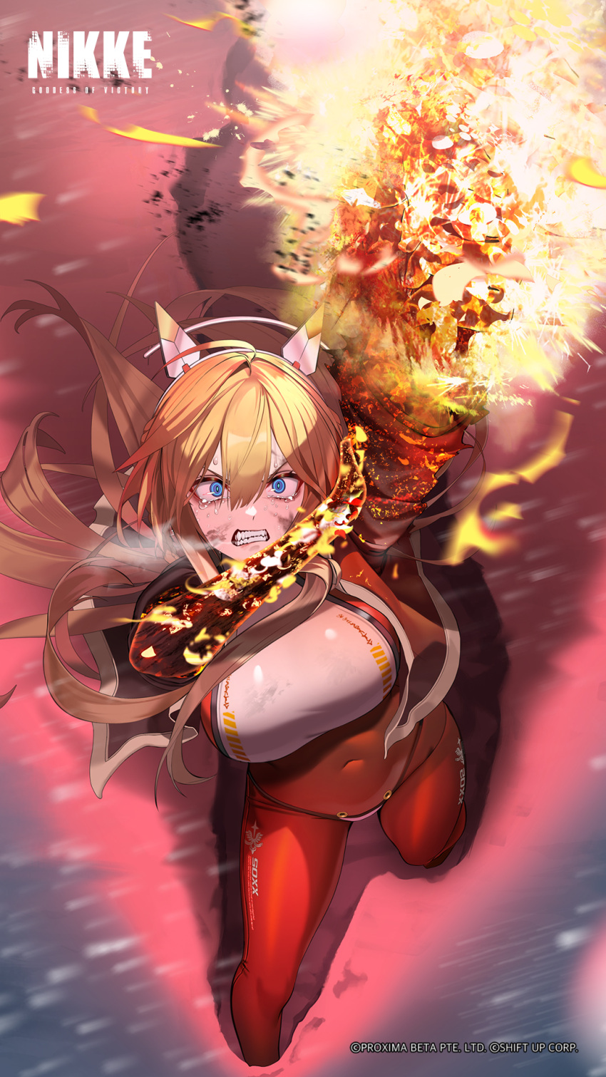 1girl black_jacket blonde_hair blue_eyes bodysuit burning clenched_teeth crying crying_with_eyes_open dirty dirty_face fire from_above frown goddess_of_victory:_nikke highres hood hoodie jacket long_hair official_art orange_bodysuit second-party_source snow snowing solo standing tears teeth tove_(nikke) watermark