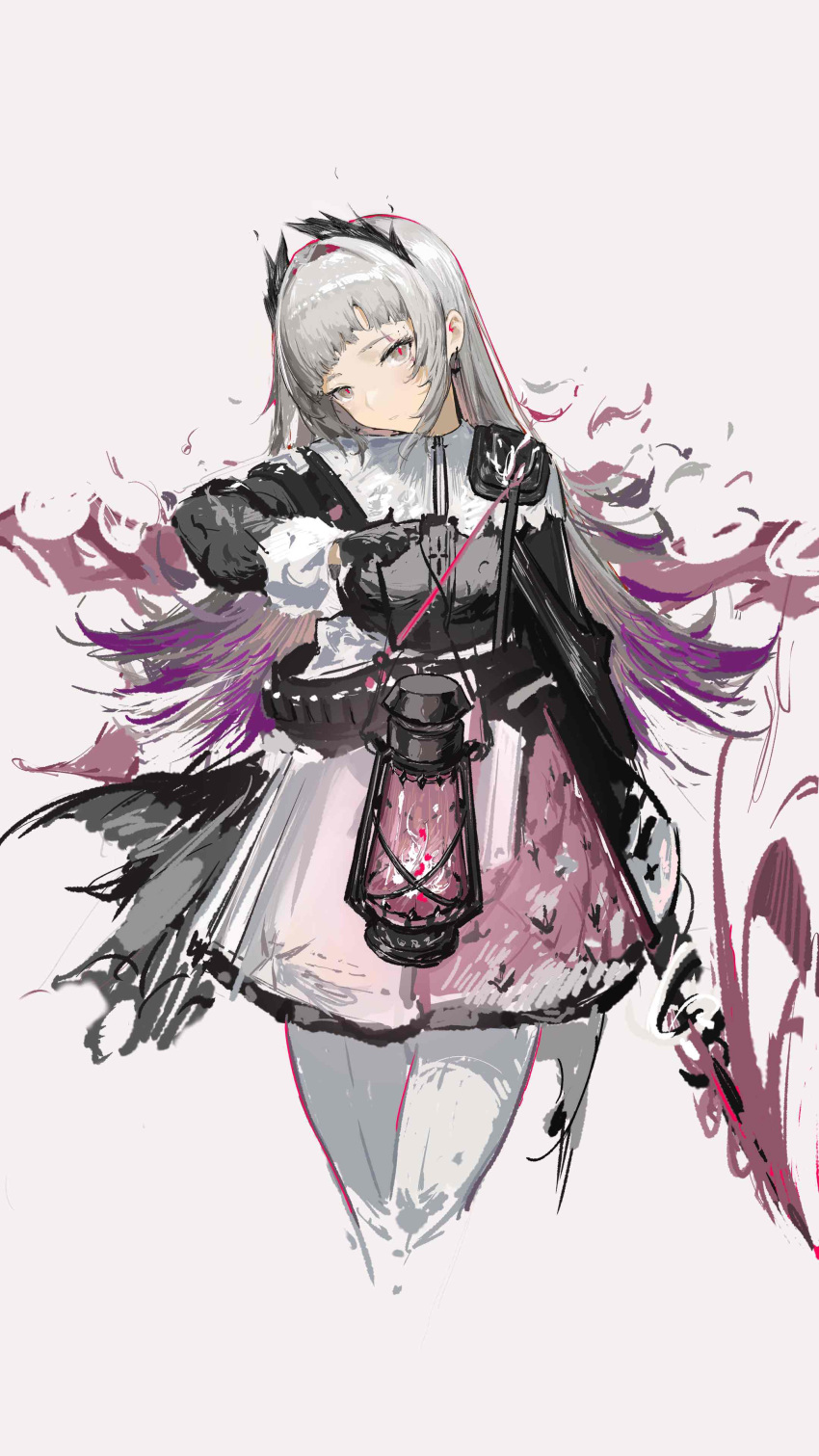 1girl absurdres ammunition_belt arknights black_dress black_gloves cowboy_shot cropped_legs dress earrings gloves grey_eyes hand_up head_tilt head_wings highres holding holding_lantern irene_(arknights) jewelry lantern long_sleeves looking_at_viewer multicolored_clothes multicolored_dress pantyhose pink_dress red_pupils simple_background solo white_background white_dress white_pantyhose wiising wings