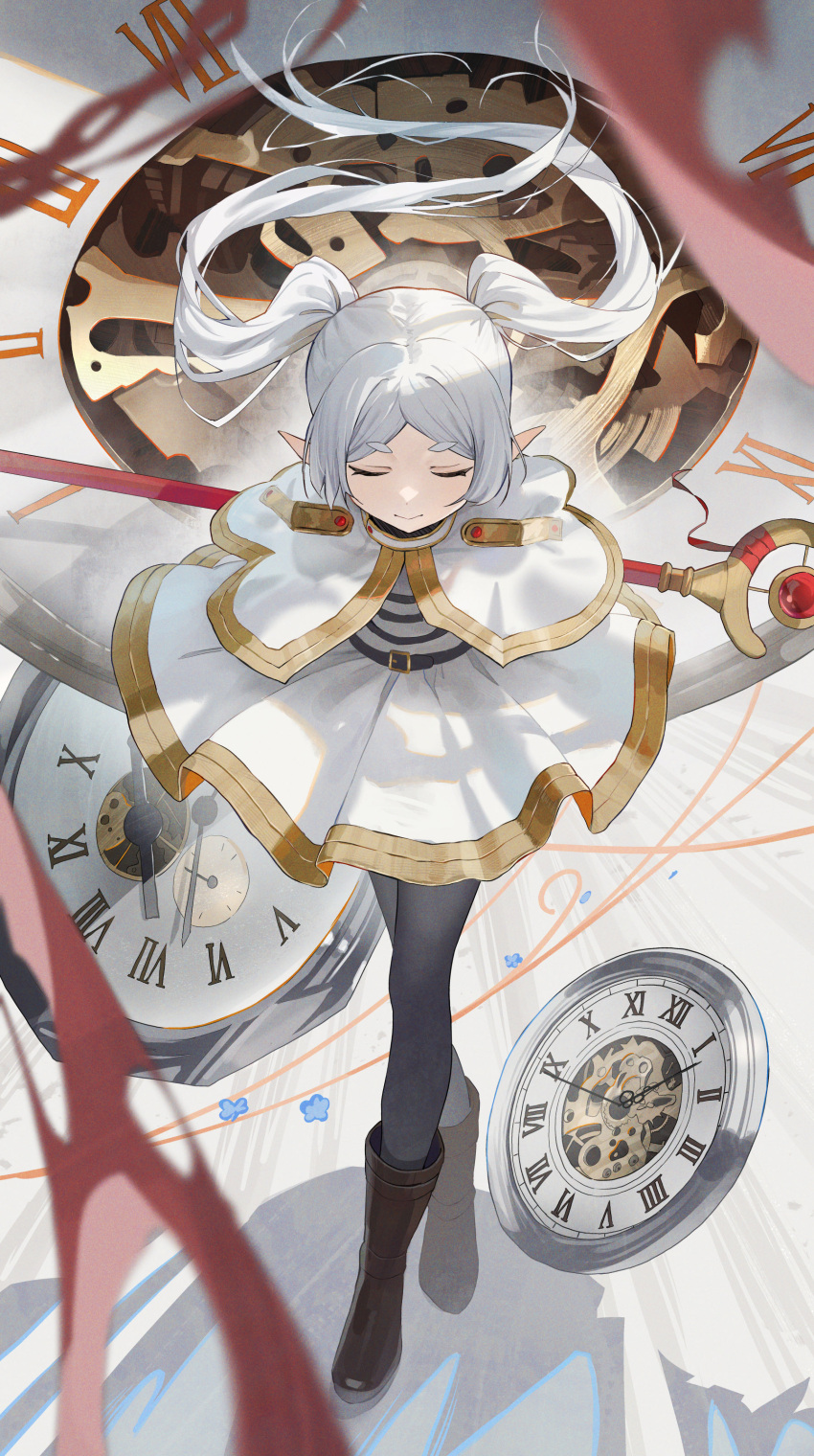 1girl absurdres arms_behind_back black_pantyhose boots brown_footwear cape capelet clock closed_eyes closed_mouth frieren full_body hidulume highres long_hair pantyhose pointy_ears short_eyebrows sidelocks smile solo sousou_no_frieren thick_eyebrows twintails white_cape white_hair