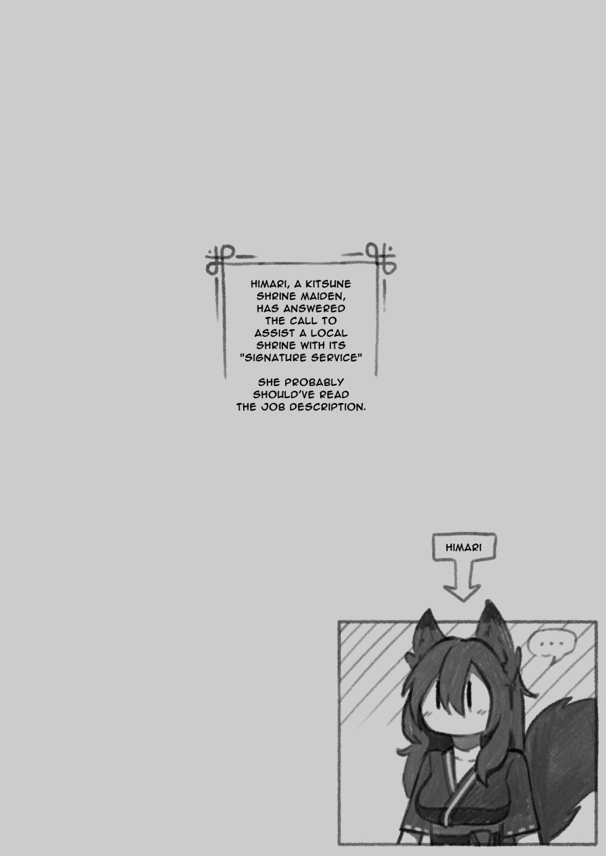 ... 1girl absurdres animal_ears arrow_(symbol) commentary english_commentary english_text evil_trevo fox_ears fox_girl fox_tail greyscale highres japanese_clothes monochrome original solo spoken_ellipsis tail