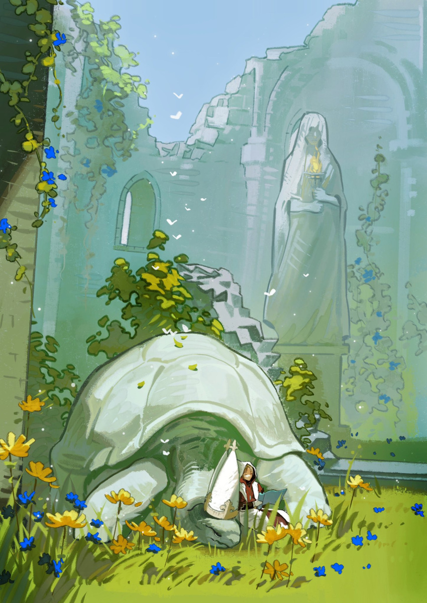 1boy 1girl blue_flower closed_eyes commentary_request elden_ring fire flower grass highres la_bo_chu_shi miriel_pastor_of_vows outdoors roderika_(elden_ring) sitting statue torch turtle white_headwear white_hood yellow_flower