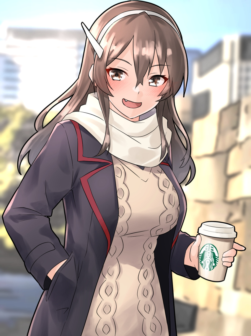 1girl alternate_costume ashigara_(kancolle) blush breasts brown_eyes brown_hair coat coffee_cup cup day disposable_cup furaggu_(frag_0416) hairband highres jacket kantai_collection long_hair long_sleeves looking_at_viewer medium_breasts open_mouth scarf smile solo sweater upper_body wavy_hair white_hairband