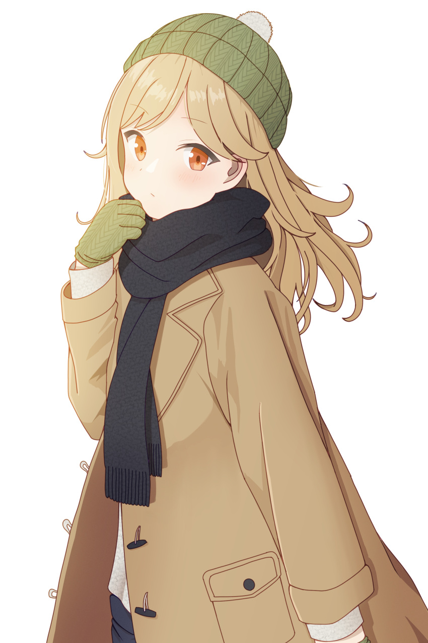 1girl absurdres beanie black_pants black_scarf blonde_hair blush brown_coat closed_mouth coat from_side gilijim girls_frontline gloves green_gloves green_headwear hand_up hat highres long_hair long_sleeves looking_at_viewer m2hb_(girls'_frontline) open_clothes open_coat orange_eyes pants pom_pom_(clothes) scarf shirt simple_background solo upper_body white_background white_shirt