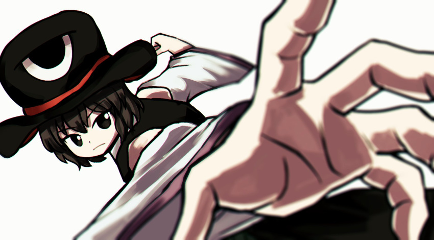 1other androgynous atoymk black_eyes black_hair clenched_hand coat detached_sleeves enraku_tsubakura hat highres imminent_punch incoming_attack incoming_punch large_hat len'en punching short_hair sleeveless sleeveless_coat solo top_hat white_sleeves wide_sleeves